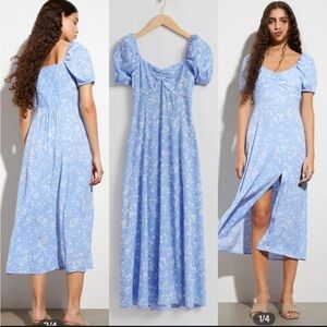 Floral Blue Puff Sleeve Midi Fairycore Cottagecore Romantic Dress